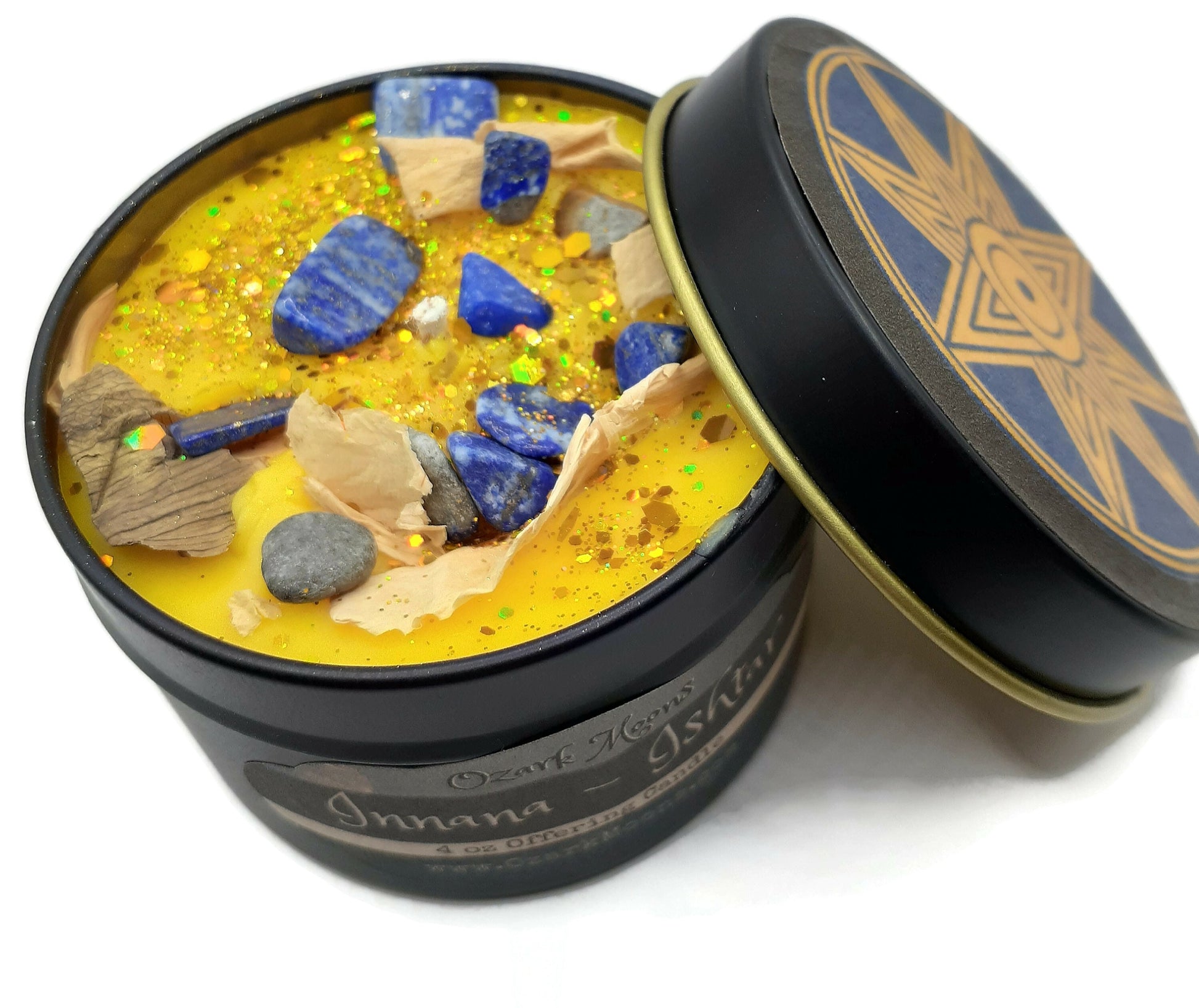 INANNA (Ishtar) 4oz Sumerian Goddess of Love and War Offering Candle - Amber Musk with Lapis Lazuli and White Lotus - Pagan, Wicca, Wiccan