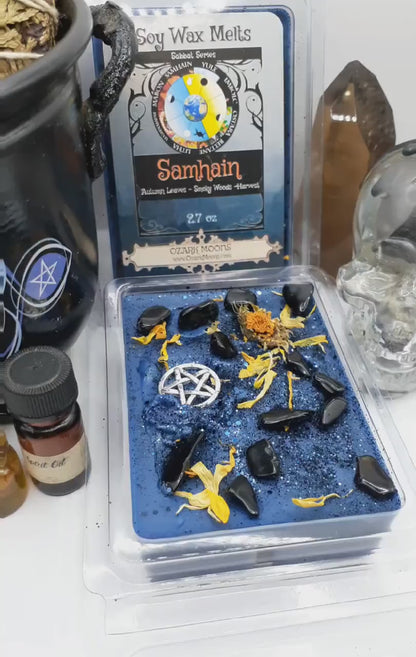 SAMHAIN Sabbat Candle Tins or Wax Melts with Black Obsidian and Calendula Petals Black Soy Candle Tarts Highly Scented - Pagan Wiccan Wicca