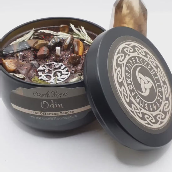 ODIN 8 oz Norse God of War and Wisdom Offering Ritual Candle with Mugwort and Tiger's Eye - Heathen Asatru Candles Pagan Rituals Offerings