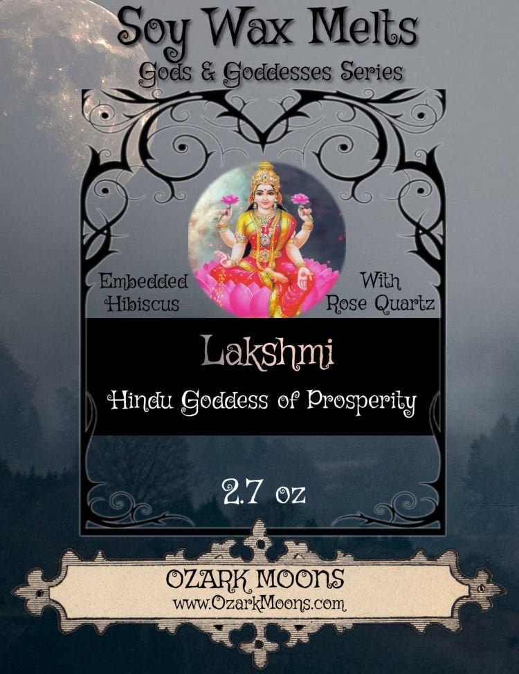 LAKSHMI Hindu Goddess of Prosperity and Wealth - with Hibiscus and Rose Quartz - Candle Tin or Tarts Highly Scented - Pagan, Wicca, Wiccan