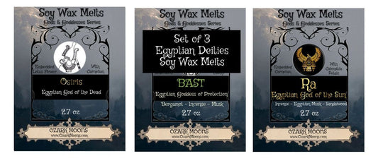 Set of Three Egyptian Deities Scented Wax Melts or Candles For Pagans, Wiccans - Bast, Osiris, Ra, Amun-Ra, Crystal Tarts, Gods, Goddesses