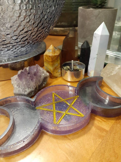 Triple Moon Pentacle Tray for Candles, Jewelry, Crystals, or Altar Supplies - Purple Glitter and Gold with Silver Crescent Moons Pagan Wicca