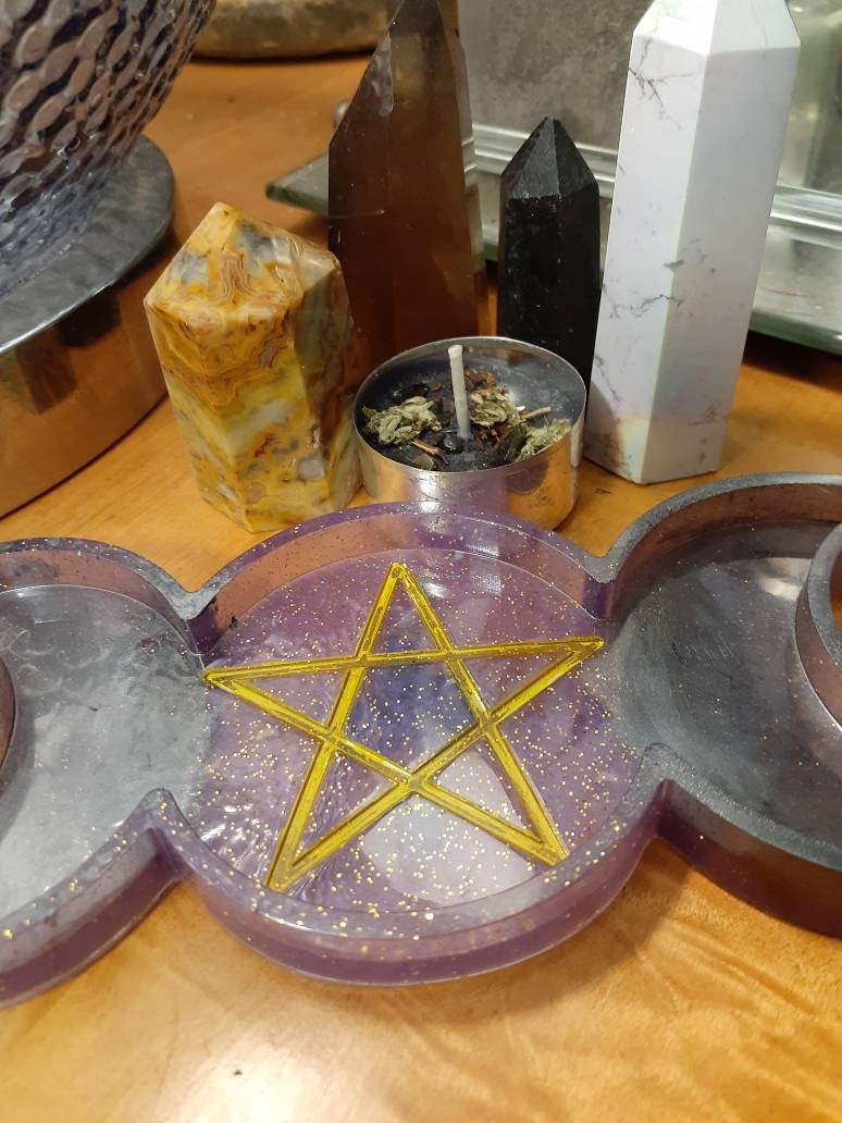 Triple Moon Pentacle Tray for Candles, Jewelry, Crystals, or Altar Supplies - Purple Glitter and Gold with Silver Crescent Moons Pagan Wicca