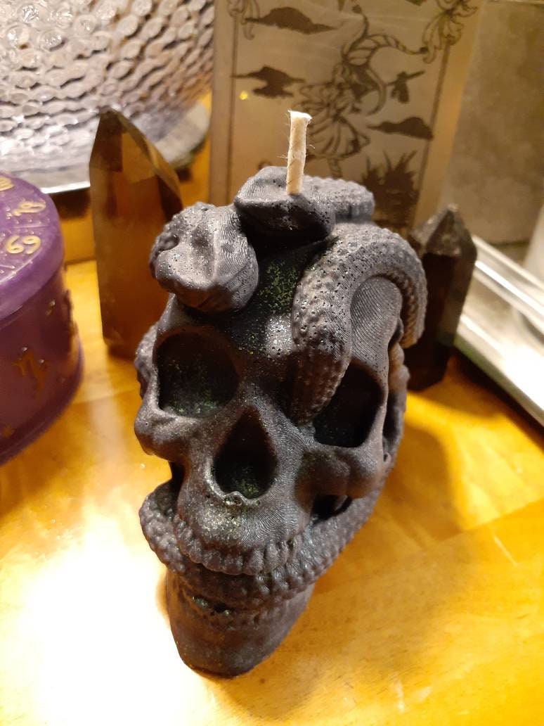Human Skull & Snakes Candle 2.75"x4" Deadly Vipers Scented Goth Decoration Halloween Samhain Wiccan Wicca Altar Supplies Pagan Witch Skulls