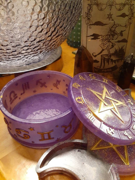 Zodiac Pentacle Storage Trinket Box Container for Crystals or Altar Supplies with Lid - Purple Sparkles and Gold Horoscope Pagan Wicca