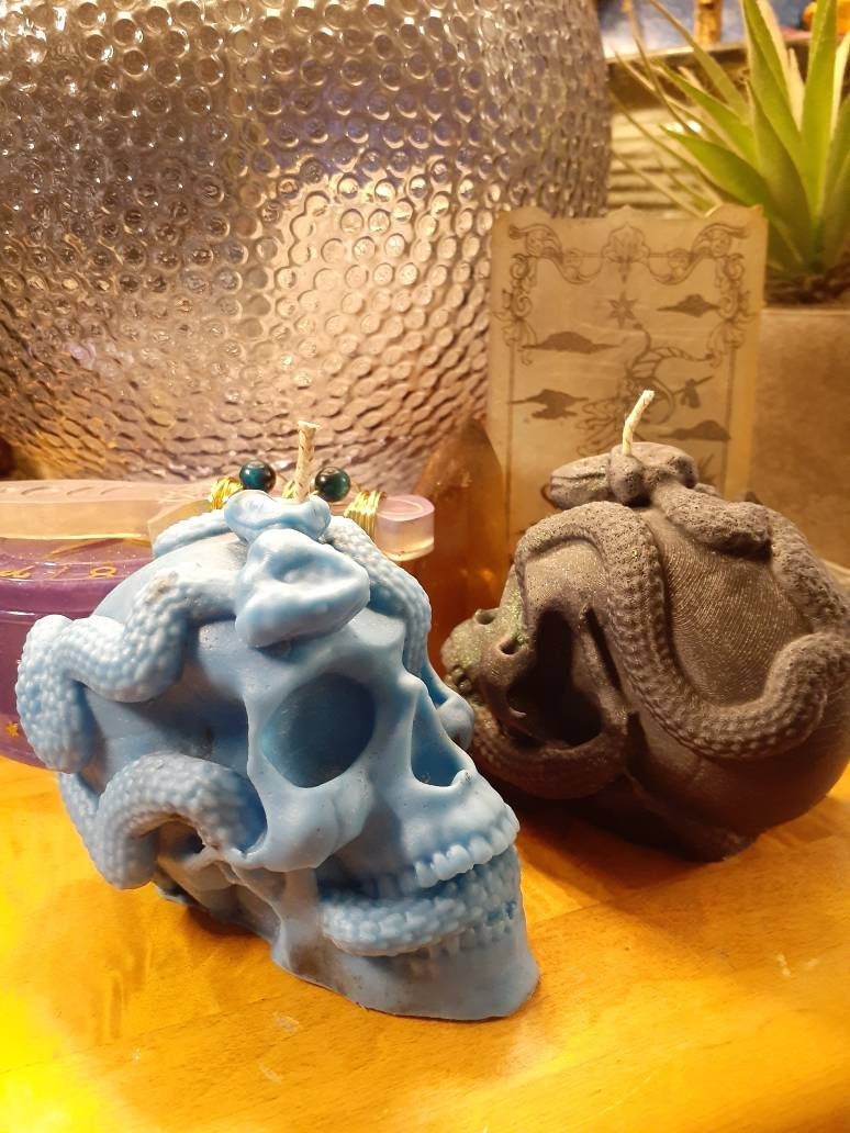 Human Skull & Snakes Candle 2.75"x4" Deadly Vipers Scented Goth Decoration Halloween Samhain Wiccan Wicca Altar Supplies Pagan Witch Skulls