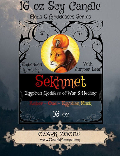 SEKHMET 16oz Egyptian Goddess of War and Healing Offering Ritual Candle - Amber, Musk, Oud with Tigers Eye and Juniper - Pagan Wiccan Wicca