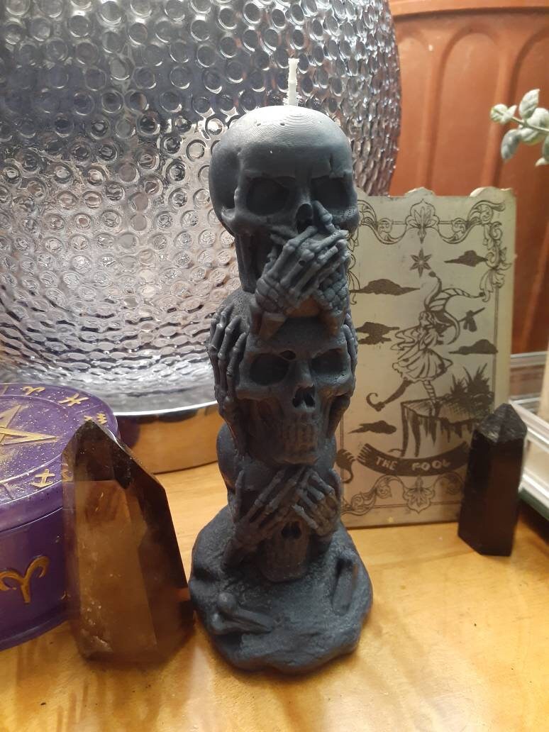 6" Tall Skulls Candle - See No Evil, Hear No Evil, Speak No Evil Skull Tower - Scented in Your Choice and Color - Halloween Pagan Candles