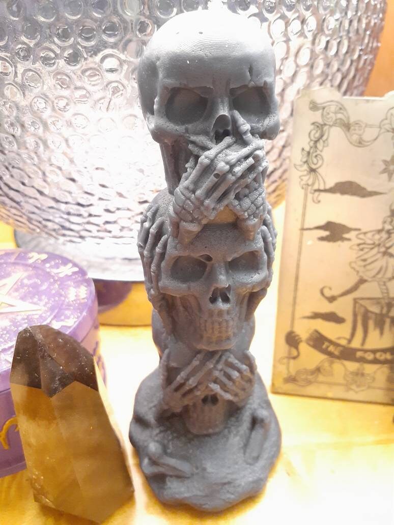 6" Tall Skulls Candle - See No Evil, Hear No Evil, Speak No Evil Skull Tower - Scented in Your Choice and Color - Halloween Pagan Candles