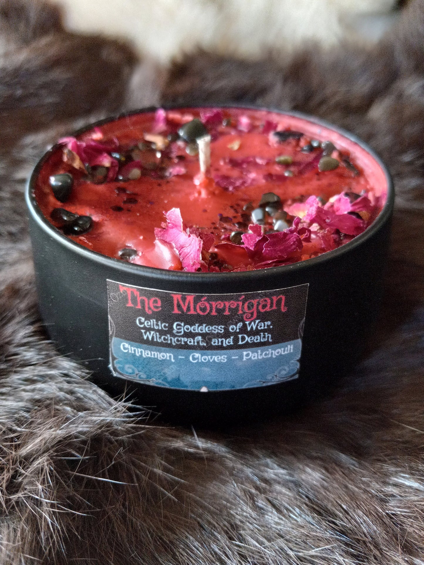 The MORRIGAN 8oz Celtic Goddess of War, Battle, Death, Witchcraft Candle - Spices and Patchouli with Obsidian & Rose Petals- Witch Candles