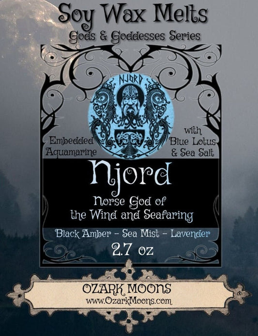 NJORD Norse God of Wind Seafaring Wax Melts or Candles - Ocean Sea Mist - with Sea Salt, Aquamarine, Blue Lotus - Heathen Asatru Pagan