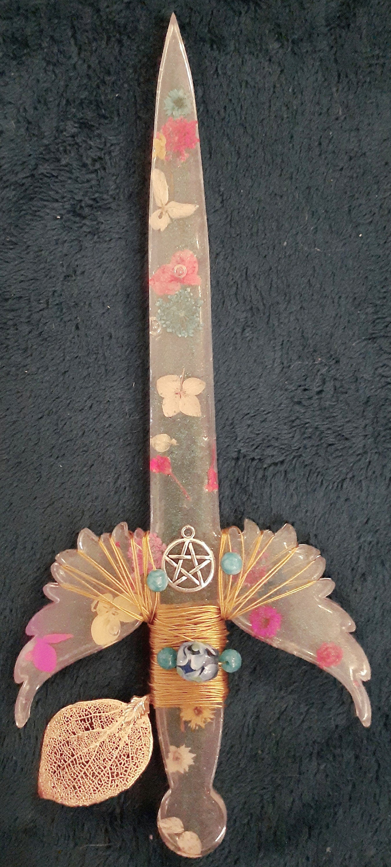 Clear Floral Large 10" Resin Athame Dagger Wrapped and Beaded with Wings - Pentacle, Flowers, and Gold Leaf - Pagan, Wiccan, Wicca, Altar