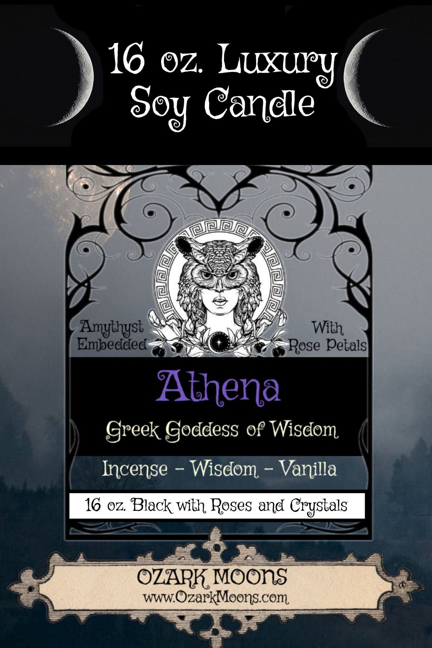 ATHENA 16oz Goddess of Wisdom Crystal Candle - Incense and Vanilla with Amethyst Crystals & Rose Petals - Mythology, Witch, Wicca, Pagan
