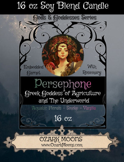 PERSEPHONE 16oz Greek Goddess of the Underworld and Agriculture Ritual Crystal Candle With Red Garnet and Rosemary - Mythology, Wicca, Pagan