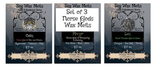 Set of Norse Asatru God Scented Offering Ritual Crystal Wax Melts or Candle Tins For Pagans, Wiccans, Heathen Aesir - Loki, Odin, Freyr