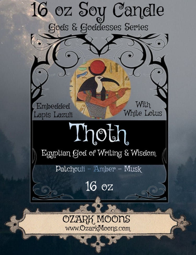 THOTH 16oz Egyptian God of Wisdom Ritual Offering Crystal Candle - Amber Patchouli Scented with White Lotus Petals & Lapis Lazuli Crystals