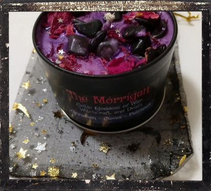 The MORRIGAN 8oz Celtic Goddess of War, Battle, Death, Witchcraft Candle - Spices and Patchouli with Obsidian & Rose Petals- Witch Candles