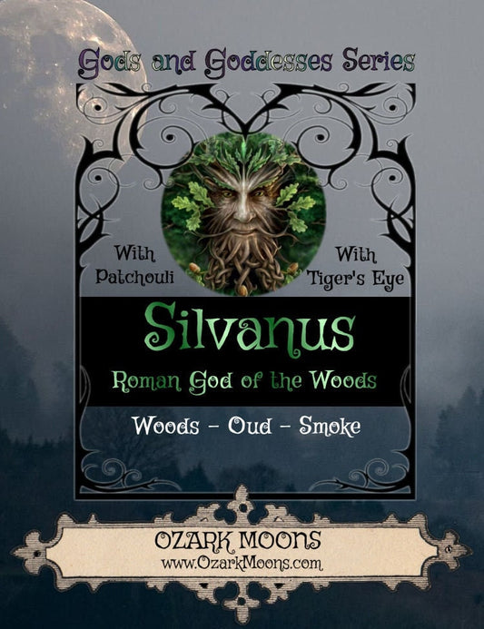 SILVANUS Roman God of the Woods 4 oz Candle Tin - Wood, Oud, Smoke with Patchouli - Pagan, Wiccan, Druid, Witch, Witchy, Offering, Ritual