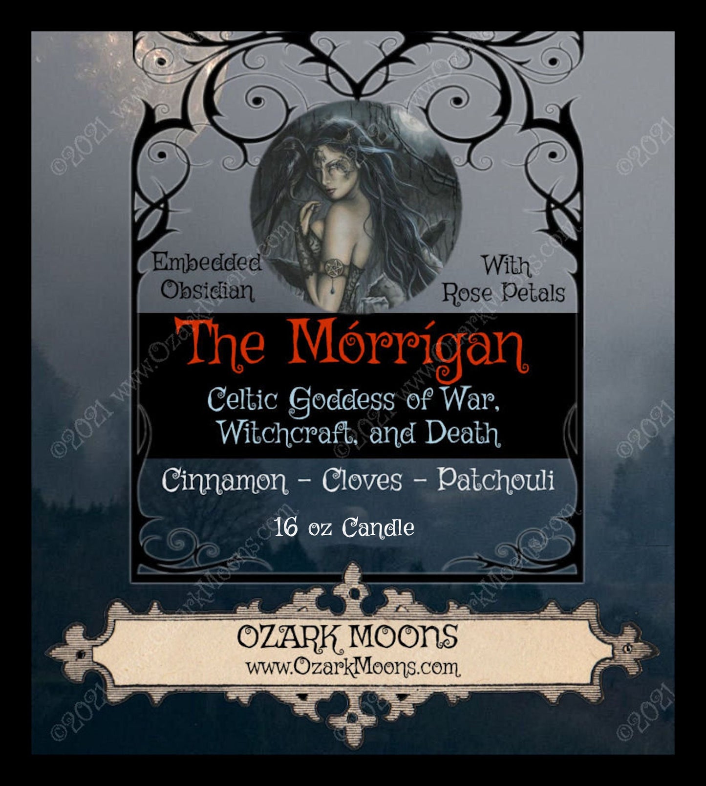 The MORRIGAN 16oz Celtic Goddess of War, Battle, Death, Witchcraft Candle - Spices and Patchouli with Obsidian & Rose Petals- Witch Candles
