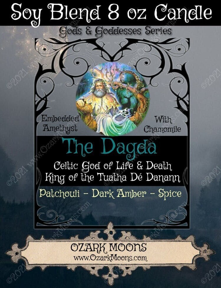 The DAGDA 8oz Celtic God of Life and Death Ritual Candle - Patchouli, Amber, Spices with Amethyst & Chamomile - Tuatha De Danaan, Witch, Fae