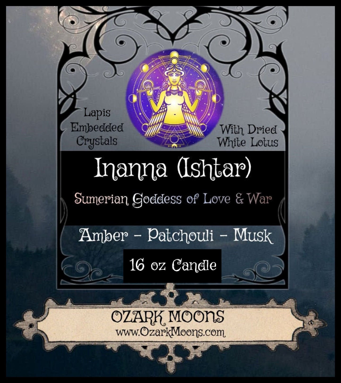 INANNA (Ishtar) 16oz Sumerian Goddess of Love and War Ritual Candle - Amber & Musk with Lapis Lazuli and White Lotus - Pagan, Wicca, Wiccan