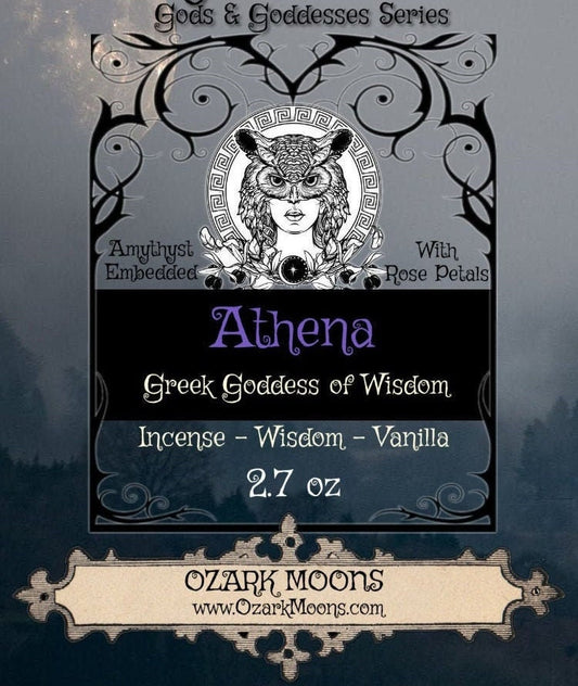 ATHENA Goddess of Wisdom Ritual or Offering Candles or Wax Melts with Amethyst Crystals and Dried Rose Petals - Pagan Wiccan Wicca