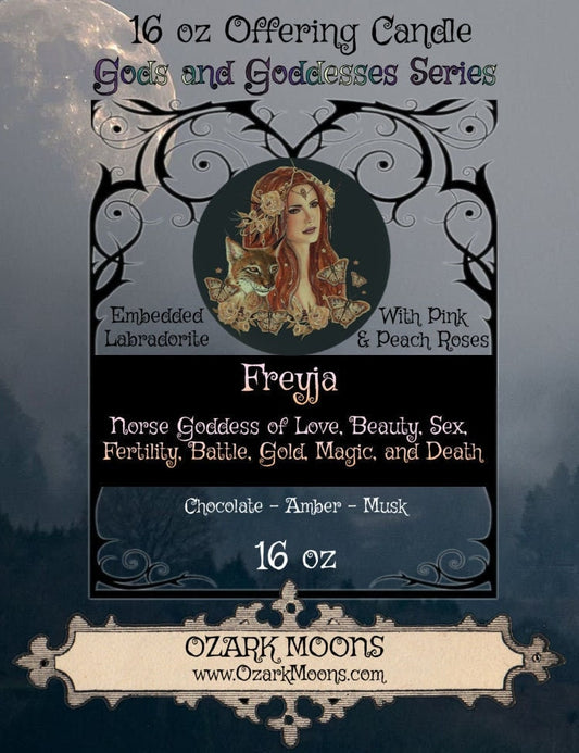 FREYJA aka FREYA 16 oz Norse Goddess of Love, Magic, and War With Labradorite & Rose Petals, Amber Musk Scent - Pagan Wiccan Offering Ritual