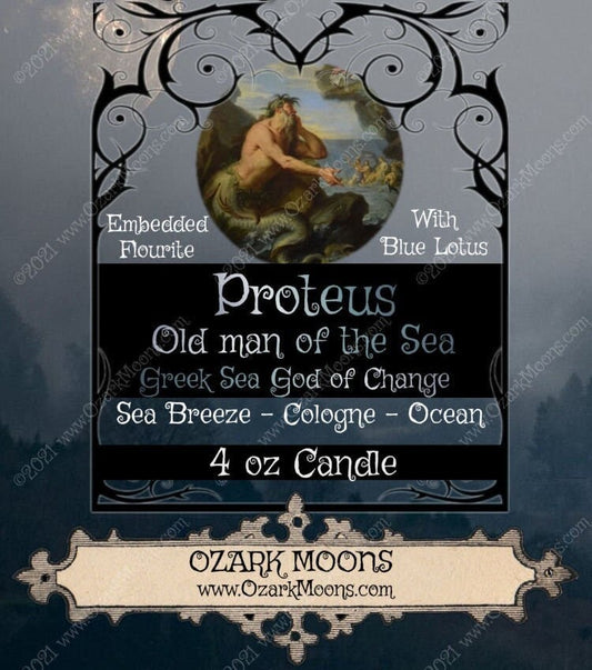 PROTEUS Greek god Old Man of the Sea - 4 oz Soy Blend Crystal Candle - Rainbow Fluorite, Blue Lotus Petals, Mythology, Witch, Wicca, Pagan
