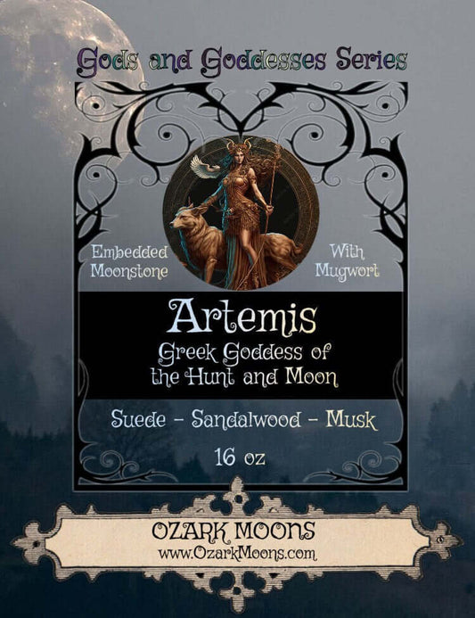 16 oz Candle ARTEMIS aka Diana Goddess of the Hunt and the Moon Offering With Moonstone & Mugwort - Pagan Wiccan Wicca Witch Witchy