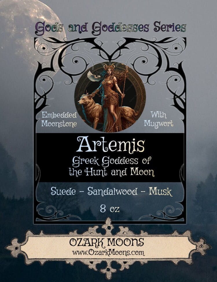 ARTEMIS aka Diana 8oz Goddess of the Hunt and the Moon Offering Candle With Moonstone & Mugwort - Pagan Wiccan Wicca Witch Witchy