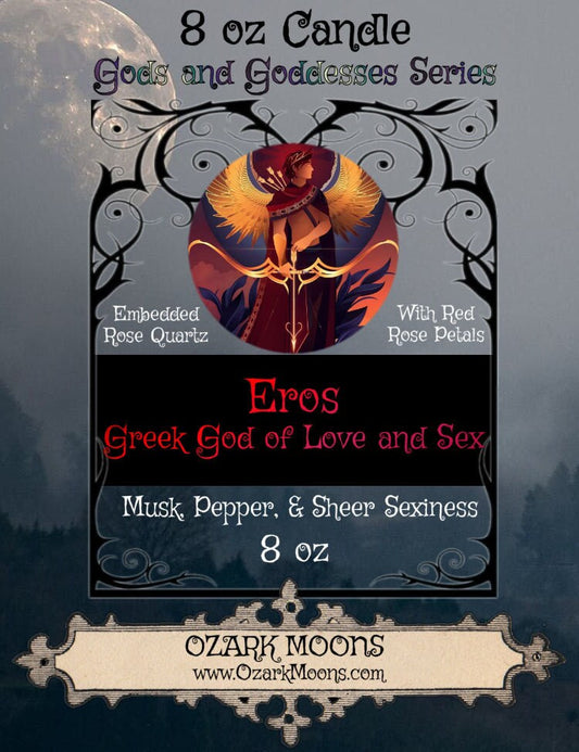 EROS 8 oz Candle Greek God of Love, Sex, and Sensuality With Rose Quartz and Red Rose Petals - Pagan Wiccan Offering for Cupid Erotic Lover