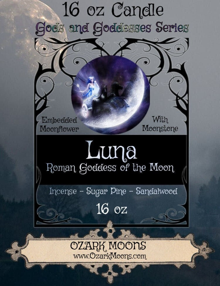 LUNA 16 oz Candle Roman Goddess of the Moon With Moonflowers and Moonstone - Pagan Wiccan Candles for Offering and Rituals Witch Witchy
