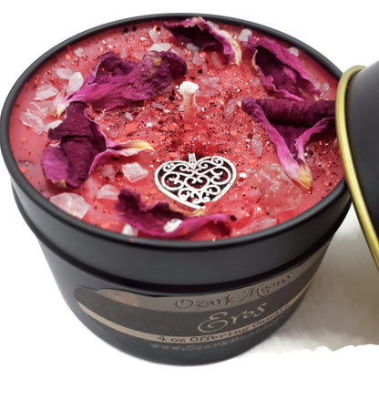 EROS 4 oz Candle Greek God of Love, Sex, and Sensuality With Rose Quartz and Red Rose Petals - Pagan Wiccan Offering for Cupid Erotic Lover