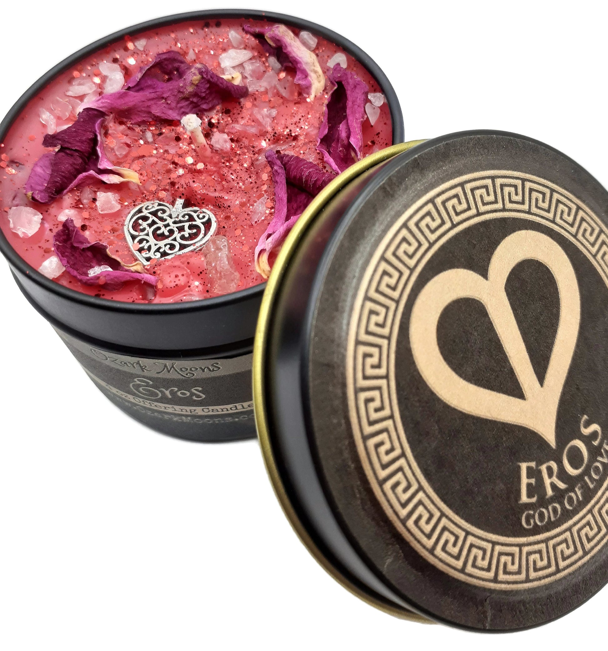 EROS 4 oz Candle Greek God of Love, Sex, and Sensuality With Rose Quartz and Red Rose Petals - Pagan Wiccan Offering for Cupid Erotic Lover