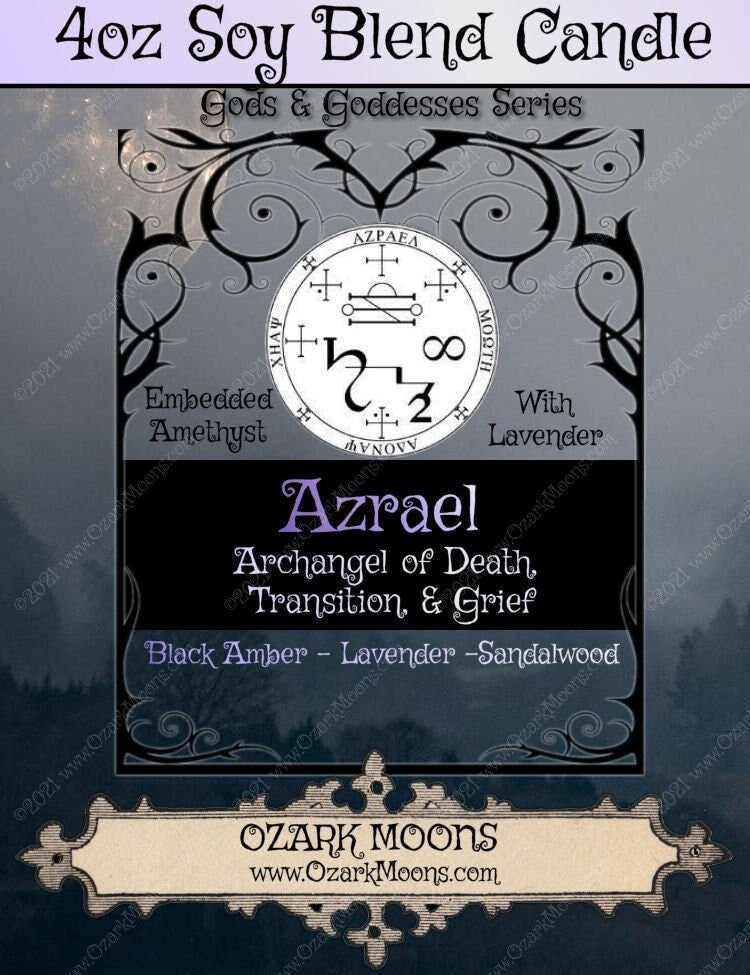 AZRAEL Archangel of Death, Grief, and Transitions 4 oz Soy Blend Candle - Lavender, Amber, Sandalwood - Witch Candles Pagan Angels Prayer