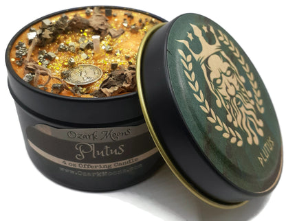 PLUTUS Greek God of Wealth - Offering Wax with Patchouli and Iron Pyrite Crystals - Soy Candle Tarts Highly Scented - Pagan, Wicca, Wiccan