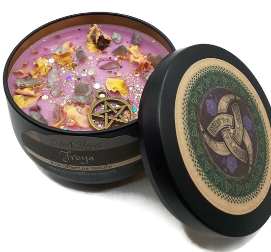 FREYJA aka FREYA 8 oz Norse Goddess of Love, Magic, and War With Labradorite & Rose Petals - Cocoa Amber Musk Scent - Pagan Wiccan Offering