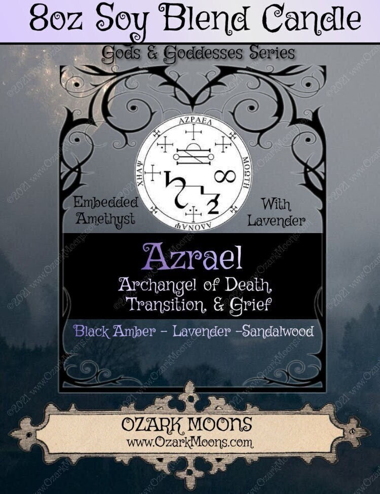 AZRAEL 8oz Ritual Candle Archangel of Death, Grief, and Transitions Candle - Lavender, Amber, Sandalwood with Lavender and Amethyst Crystals