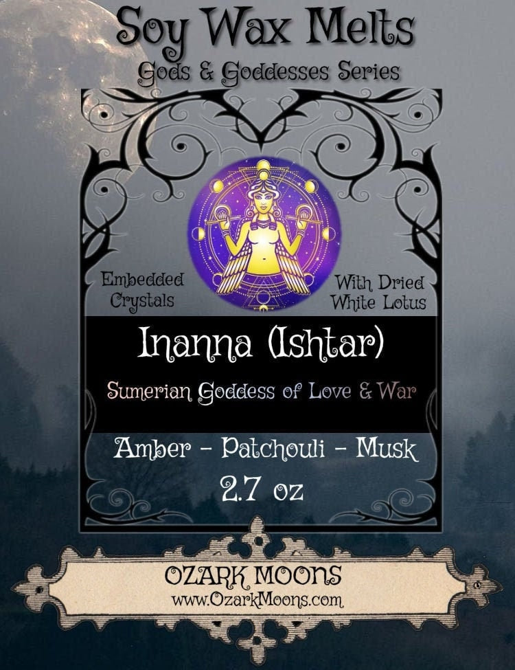 INANNA (Ishtar) Sumerian Goddess of Love and War Scented Candle or Wax Melts - Crystals and White Lotus Flower Tarts - Pagan, Wicca, Wiccan