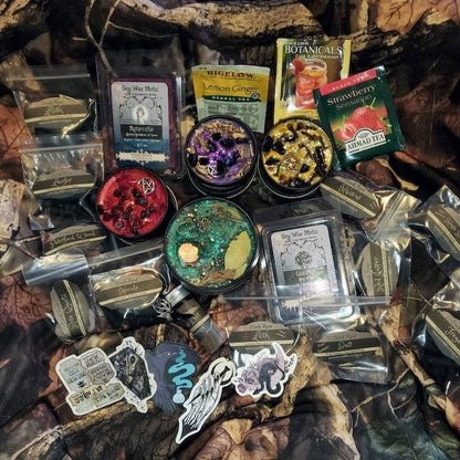 Mystery Box for Pagans, Witches with Curios, Crystals, Herbs, Candles, Tea, Incense, Wax Melts - Magickal Witchcraft Grab Bag - Free Gifts