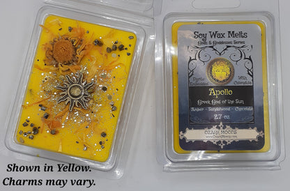 APOLLO Greek God of the Sun Candles or Wax Melts with Pyrite Crystals and Calendula Flowers Tarts Highly Scented - Pagan Wiccan Wicca