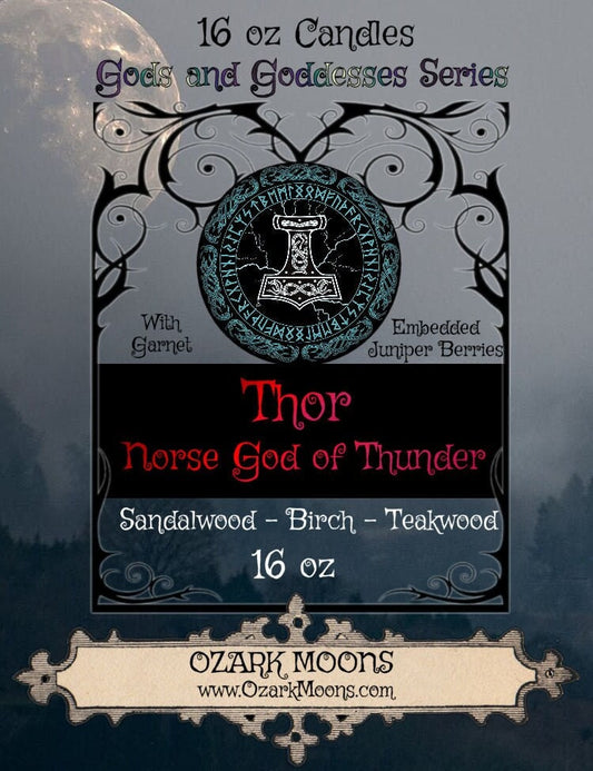 THOR 16 oz Norse God of Thunder & Lightning Offering Candle - Juniper Berries and Garnet - Pagan Wiccan Witch Ritual Asatru Heathen Candles