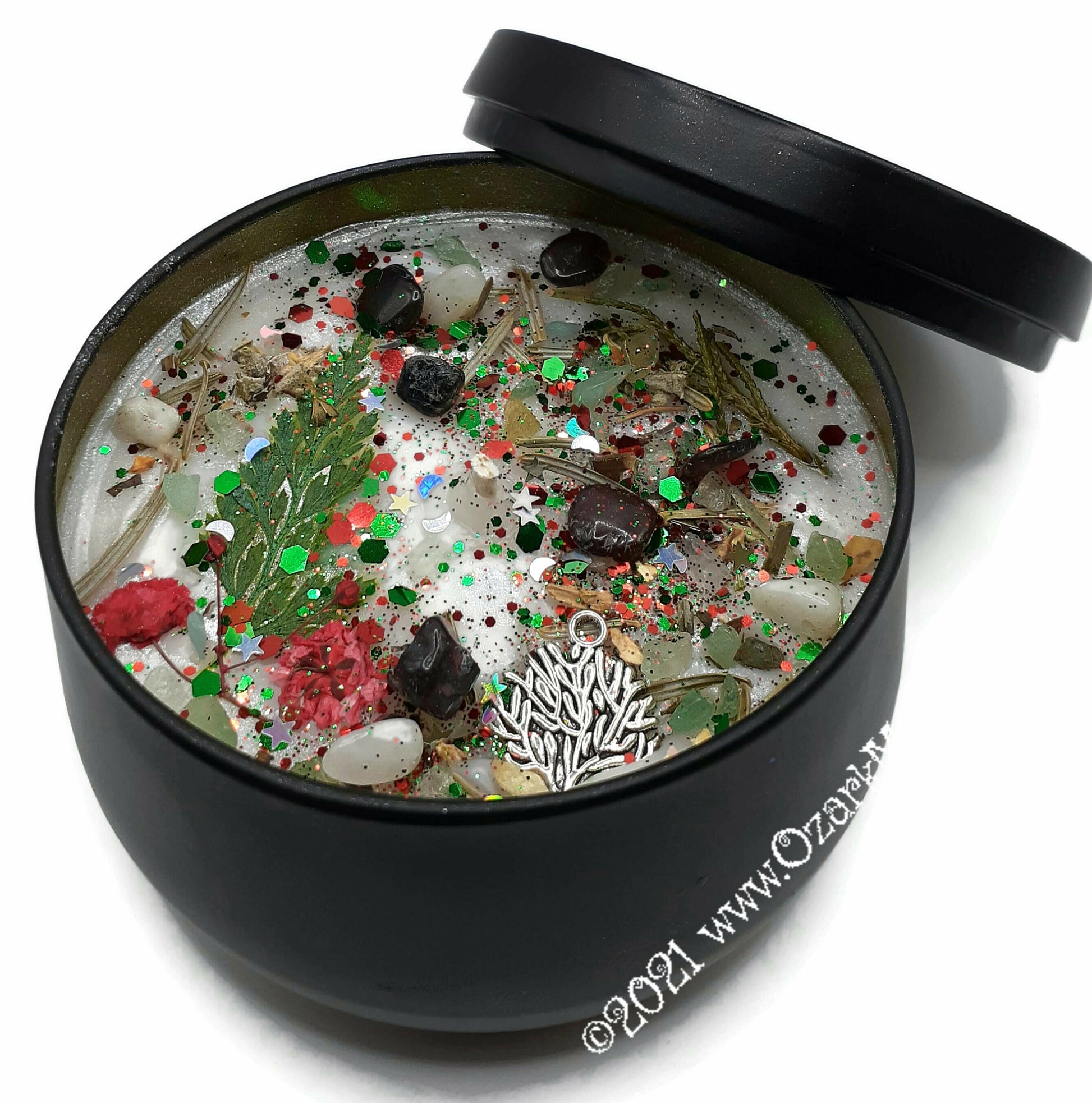 YULE Sabbat Candle or Soy Wax Melts with Aventurine and Garnet Crystals and Pine Needles - Tin or Tarts Highly Scented - Pagan Wiccan Wicca