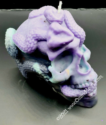Purple, Teal, and Black Pastels One-of-a-Kind Human Skull & Snakes Candle 2.75"x4"- Candles of Skulls - Pagan Wicca Wiccan Altar Decorations