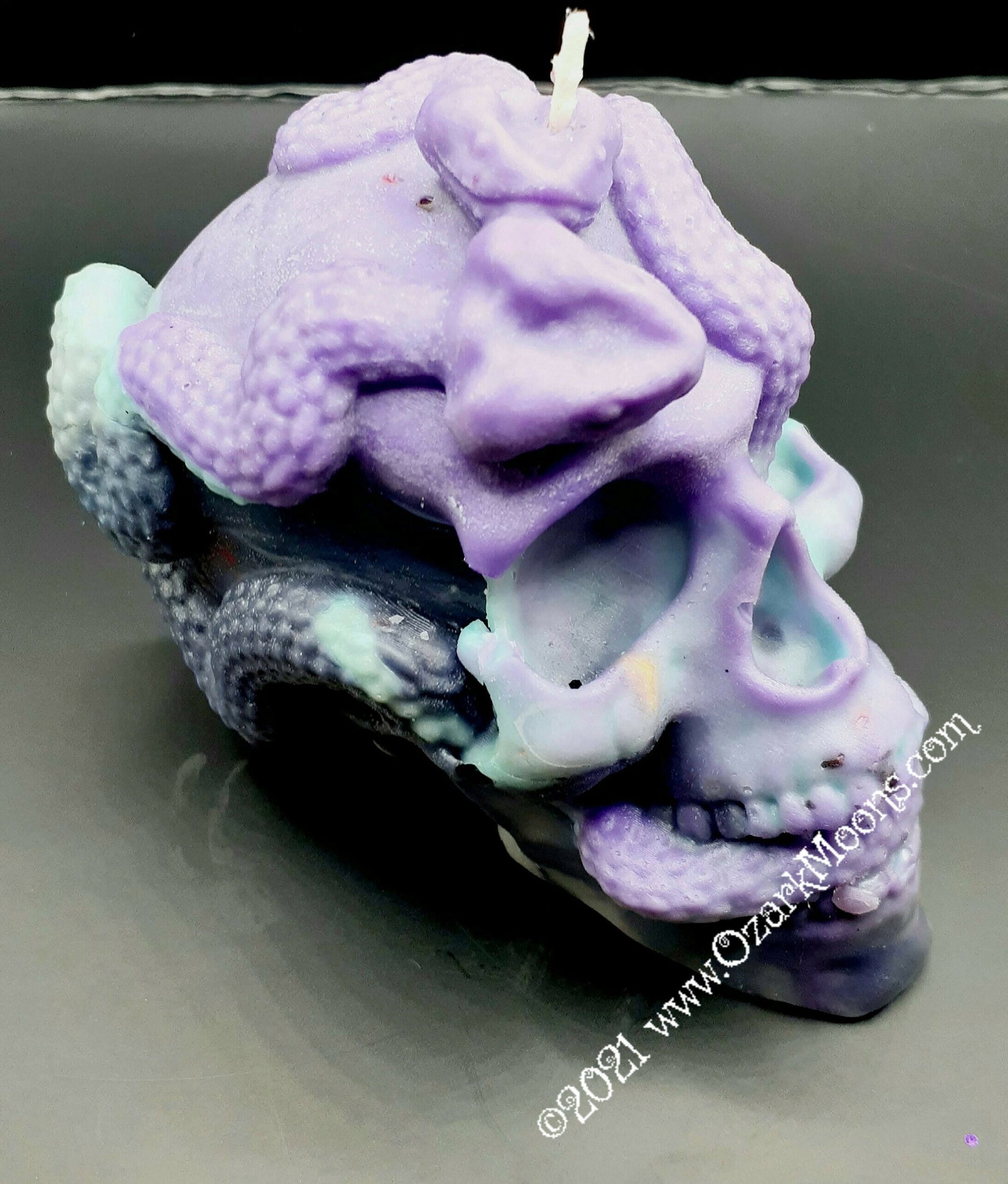 Purple, Teal, and Black Pastels One-of-a-Kind Human Skull & Snakes Candle 2.75"x4"- Candles of Skulls - Pagan Wicca Wiccan Altar Decorations