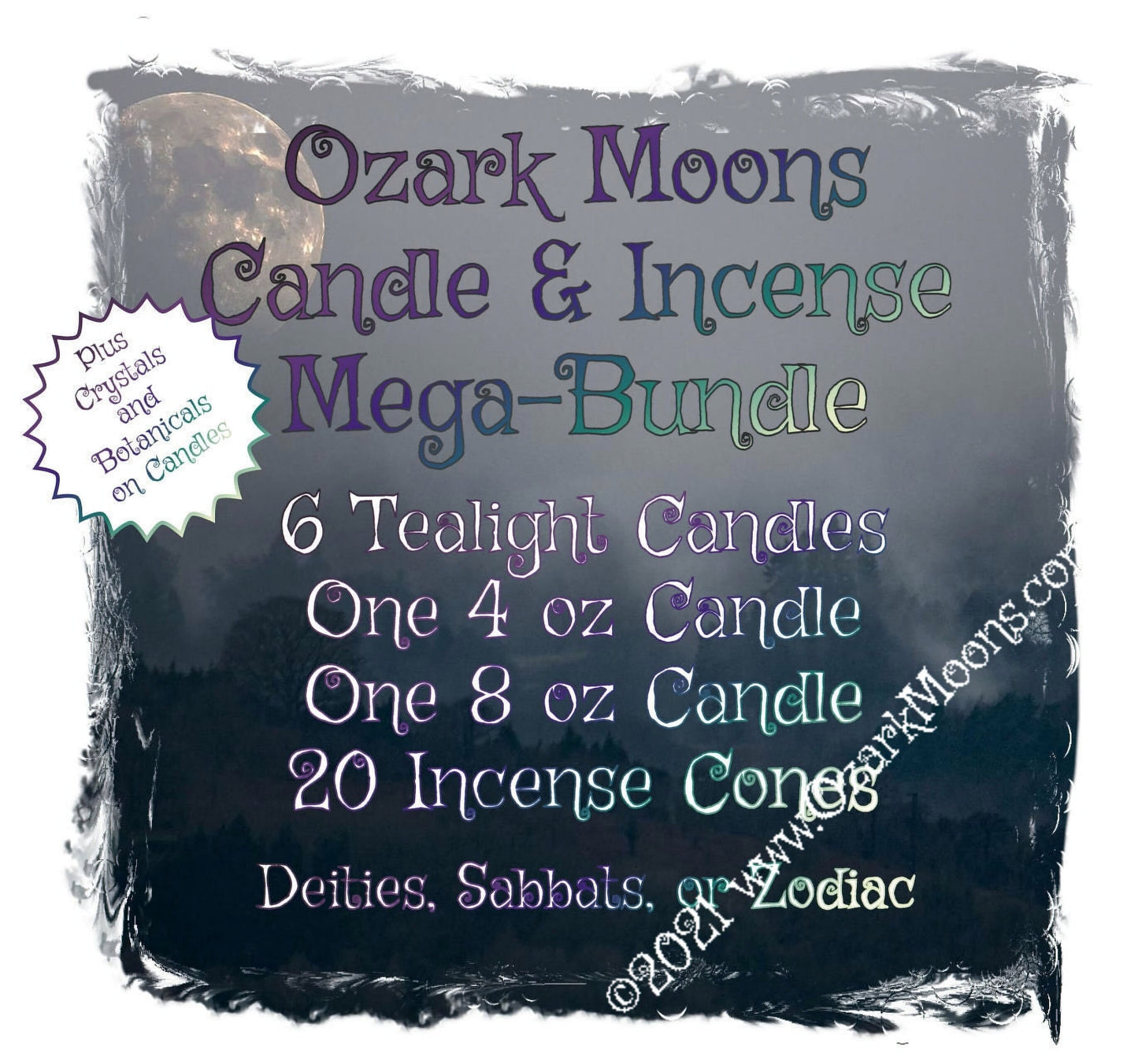 Mega-Bundle Candles and Incense - Sabbats, Deities, and Zodiac - 6 Tealights, 4 oz and 8 oz Candles, and Charcoal Incense Cones