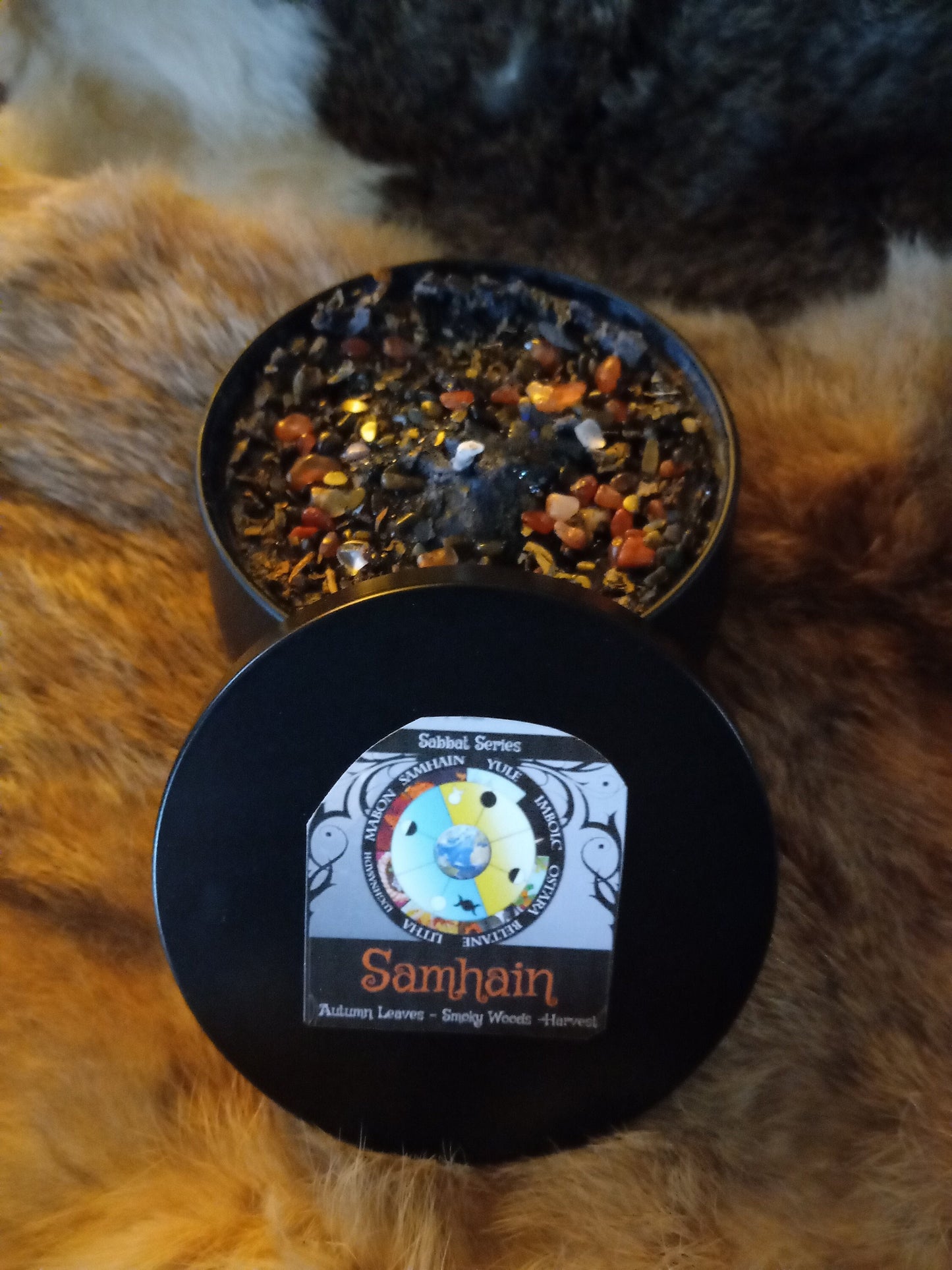SAMHAIN Sabbat Candle Tins or Wax Melts with Black Obsidian and Calendula Petals Black Soy Candle Tarts Highly Scented - Pagan Wiccan Wicca