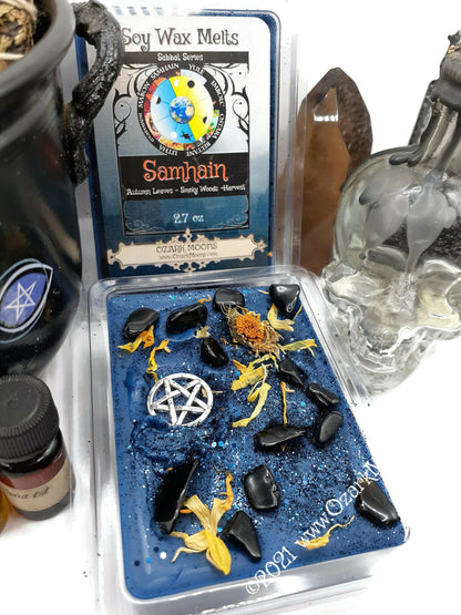 SAMHAIN Sabbat Candle Tins or Wax Melts with Black Obsidian and Calendula Petals Black Soy Candle Tarts Highly Scented - Pagan Wiccan Wicca