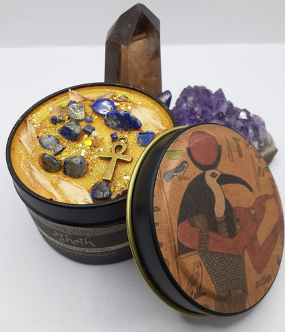 THOTH Egyptian God of Wisdom Ritual Crystal Wax Melts or Candles (White Lotus & Lapis Lazuli) Amber Patchouli - Offering, Pagan, Ritual