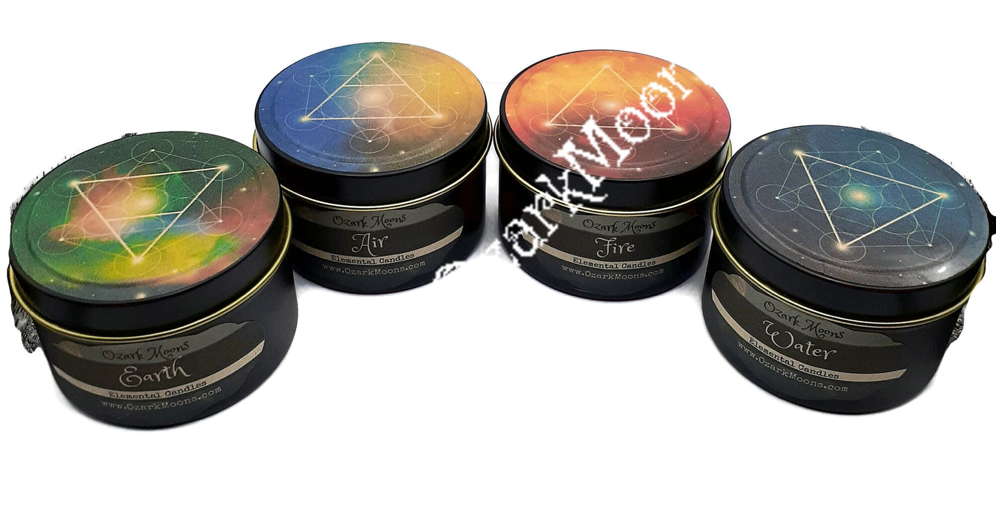 Set of ALL FOUR Earth, Air, Fire, Water Element Candles or Wax Melts - Elemental Candles Series with Embedded Crystals.